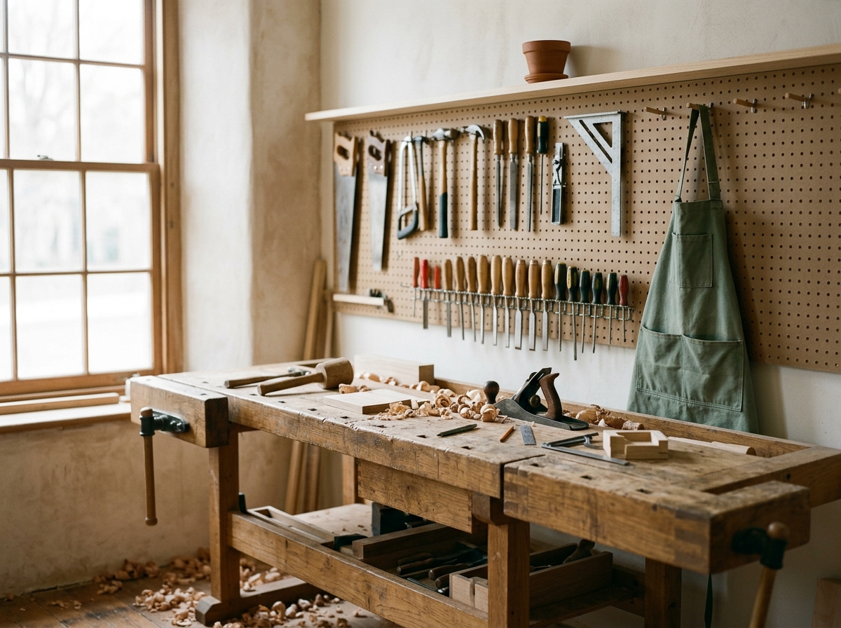 Atelier d’artisan baigné de lumière naturelle : établi en chêne, outils rangés au mur, copeaux de bois.