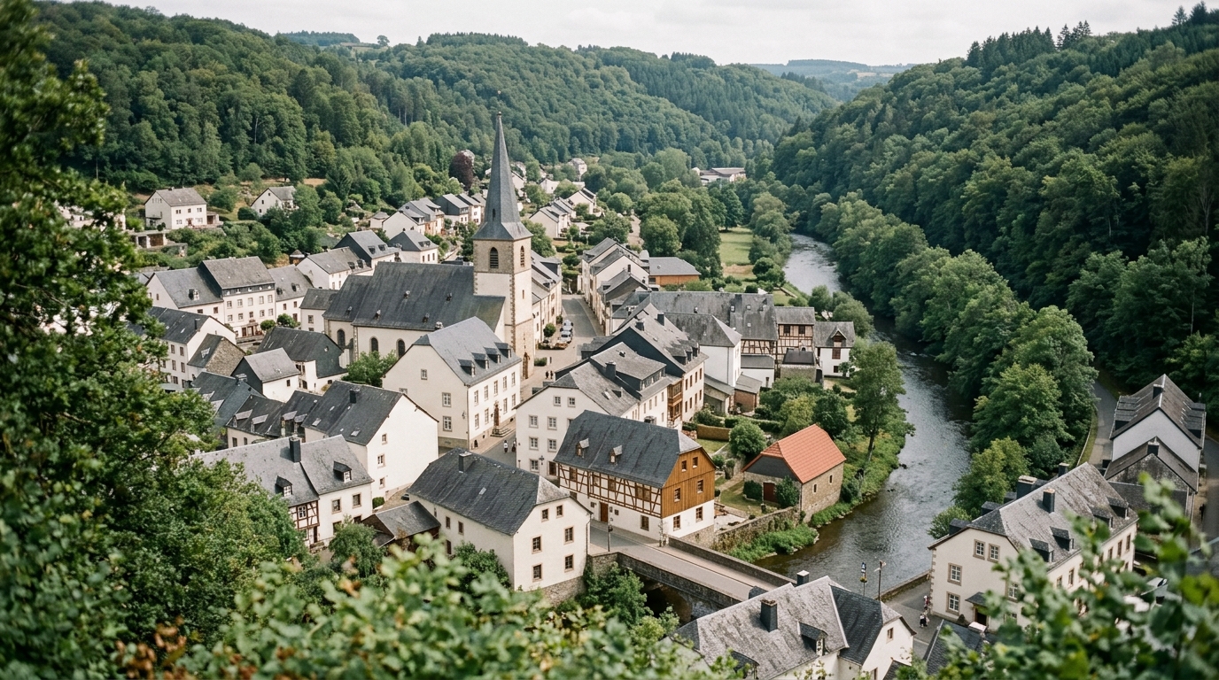 Vue de la vallée de l’Alzette à Mersch, toits et clocher entourés de collines boisées.