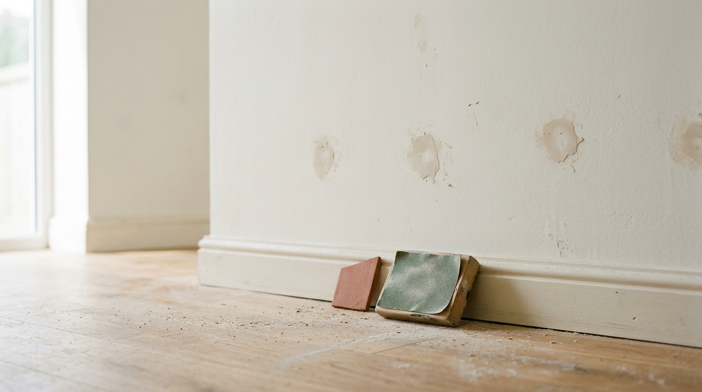 Mur blanc cassé fraîchement rebouché et poncé, dans un appartement vide et lumineux.
