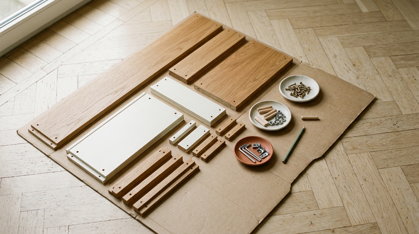 Pièces d’un meuble en kit triées et alignées sur un sol en parquet clair.