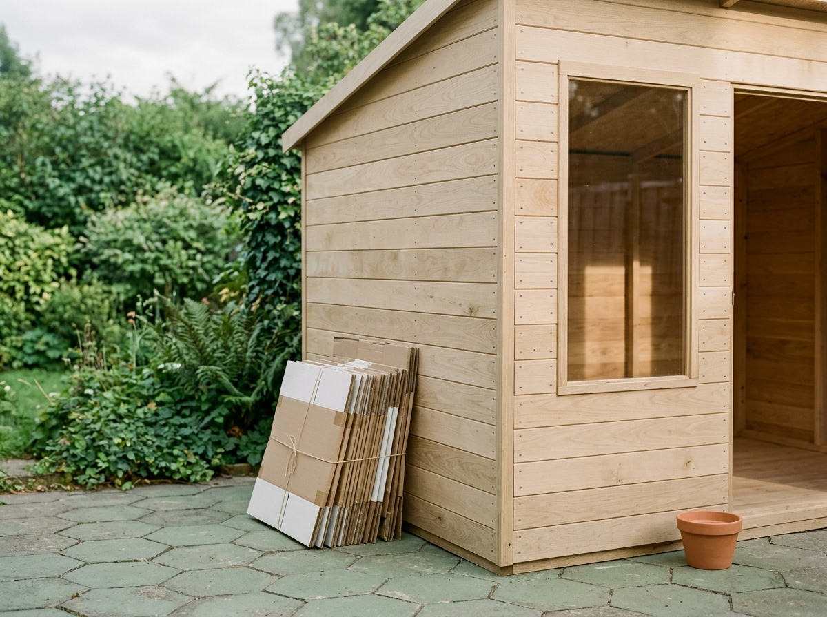 Abri de jardin en bois clair monté sur une terrasse, jardin vert en arrière-plan.
