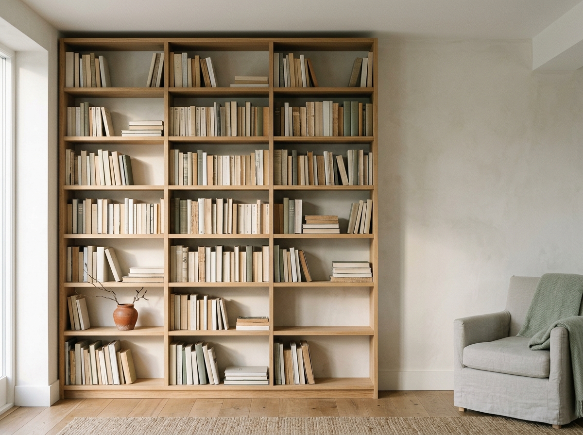 Bibliothèque en chêne clair montée du sol au plafond contre un mur blanc cassé.