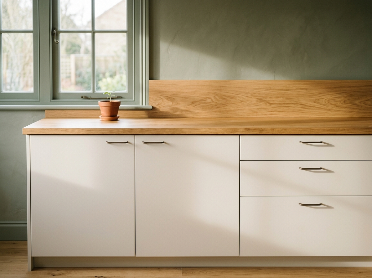 Cuisine en kit récemment montée, façades claires alignées, plan de travail en chêne.