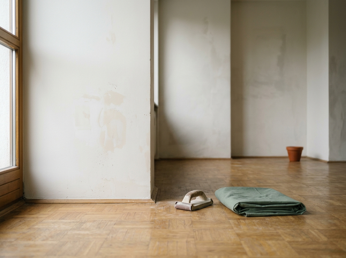 Mur blanc cassé rebouché et poncé dans un appartement vide et lumineux.