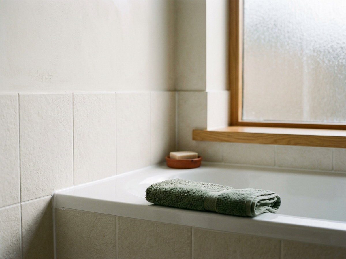 Joint de silicone neuf le long d’une baignoire, carrelage clair, lumière naturelle.