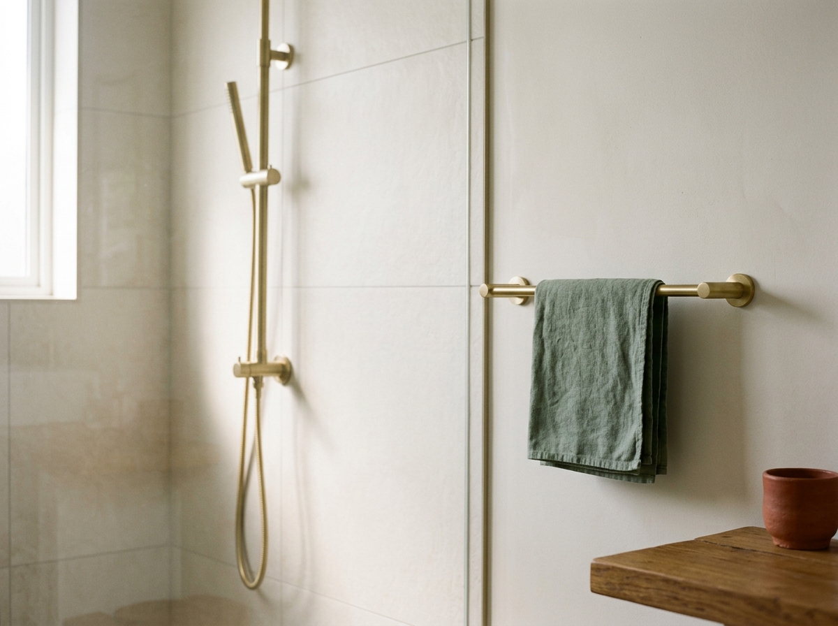 Barre de douche en laiton brossé fixée sur un carrelage clair, salle de bain lumineuse.