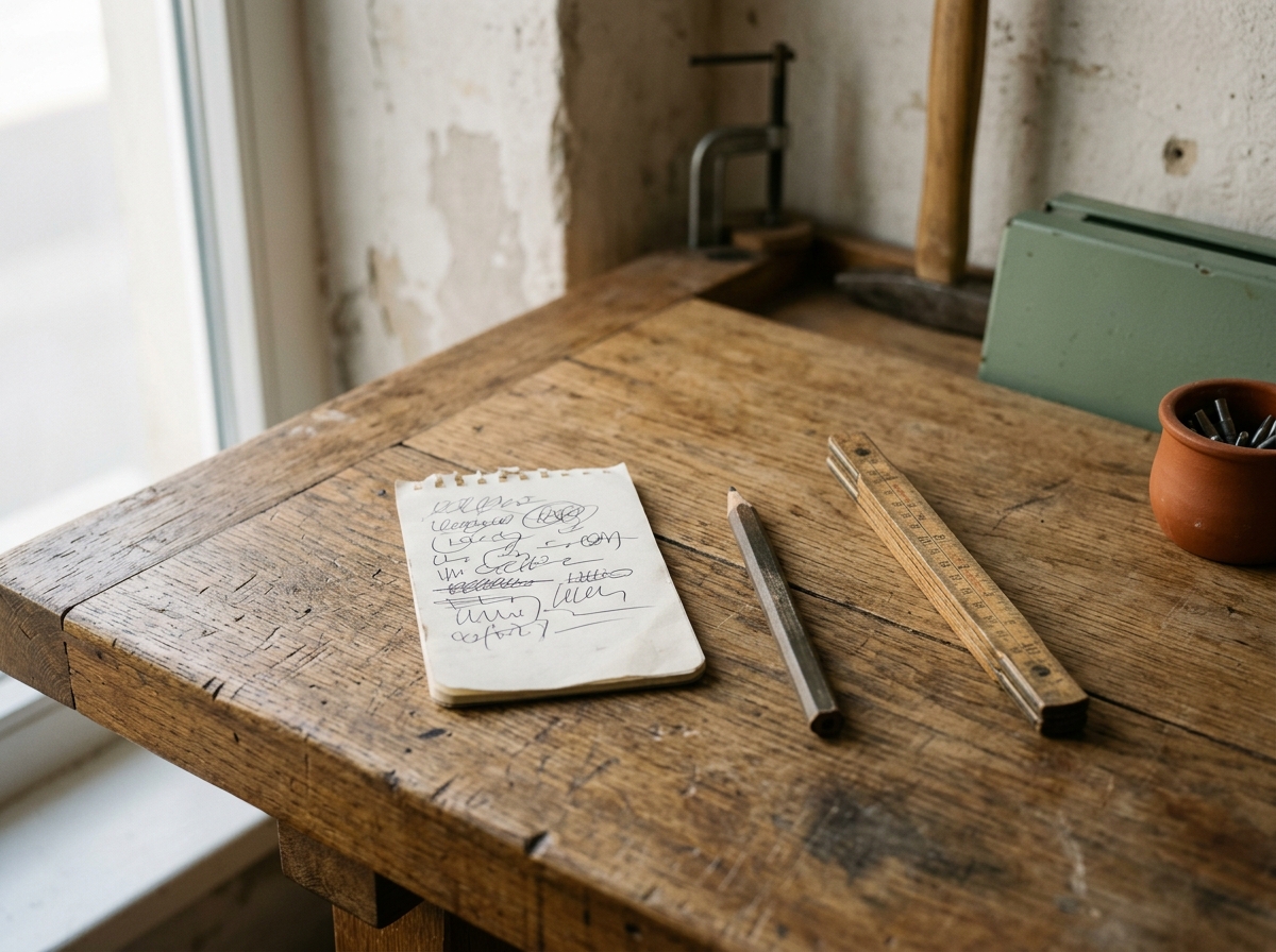 Liste manuscrite de petits travaux posée sur un établi, à côté d’un crayon de menuisier.