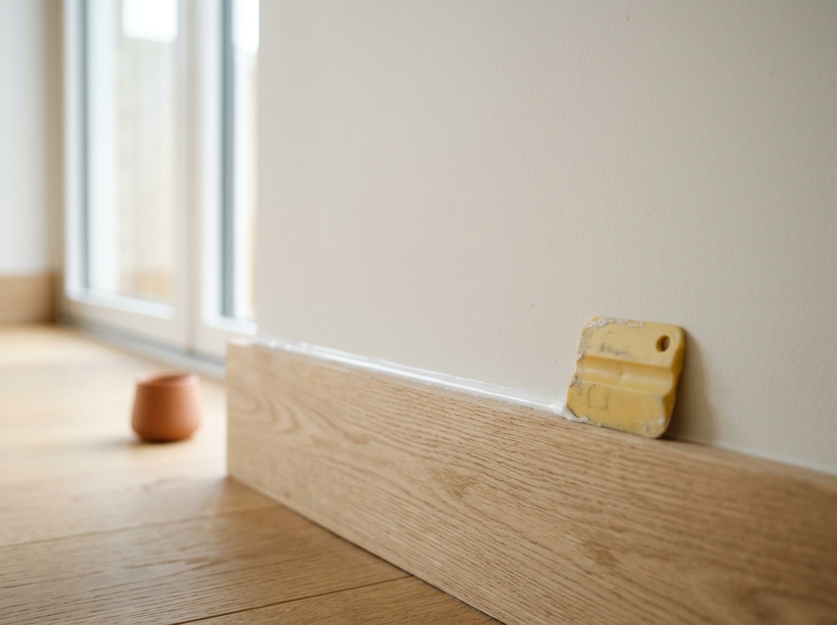 Joint de silicone frais le long d’une plinthe en bois clair contre un mur blanc cassé.