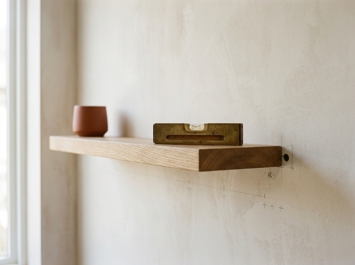 Étagère en chêne fixée à un mur en plâtre clair, niveau à bulle posé dessus.