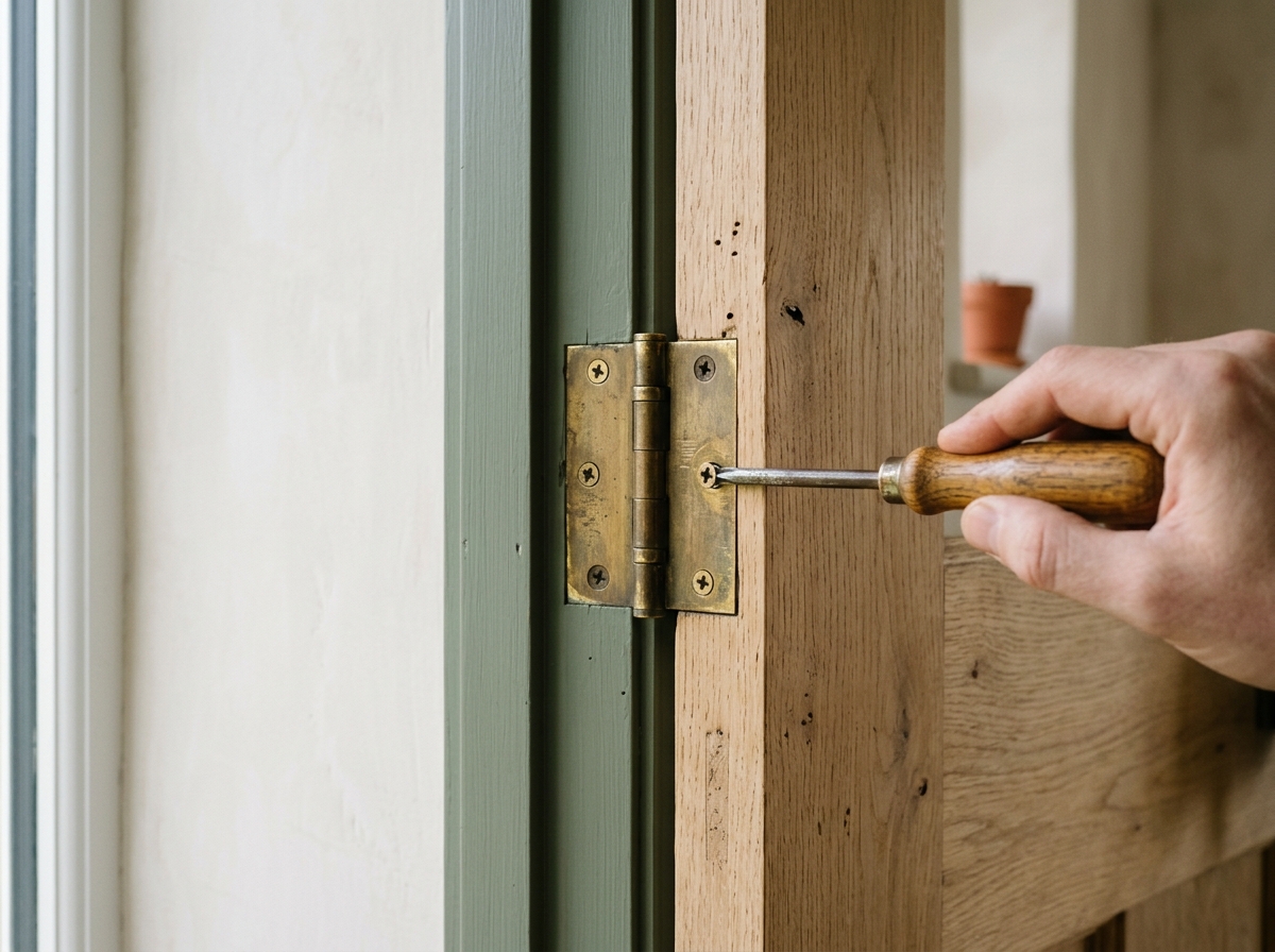 Charnière de porte en laiton en cours de réglage au tournevis, bois clair.